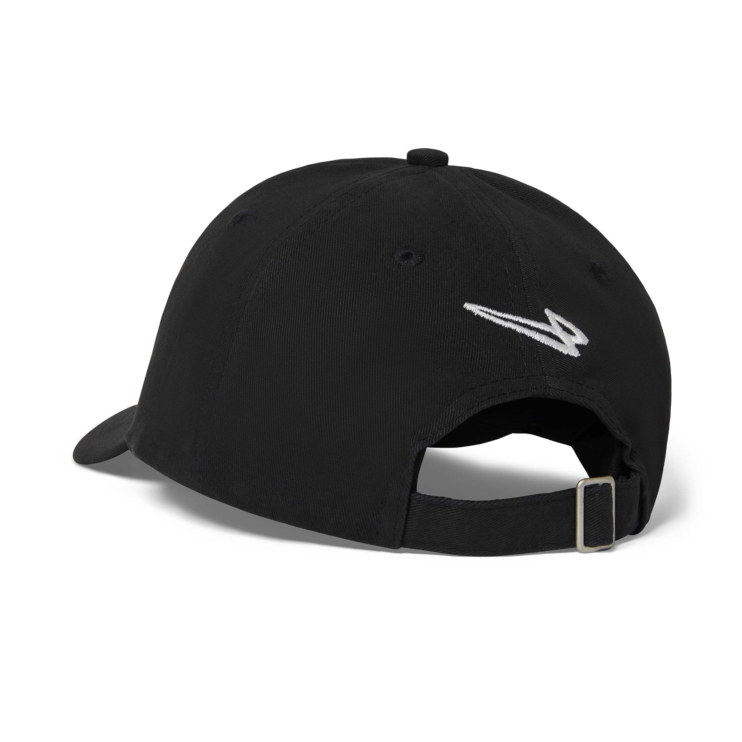 Back view of the Lanzera Club Cap in black with the Lanzera flying four logo embroidered on a white background