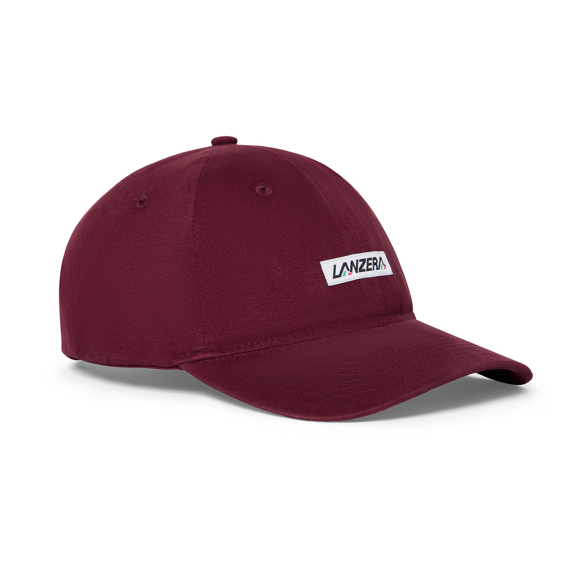 Angled view of the Lanzera Club Cap in Burgundy showing the curved brim and stitched Lanzera club patch on the front.