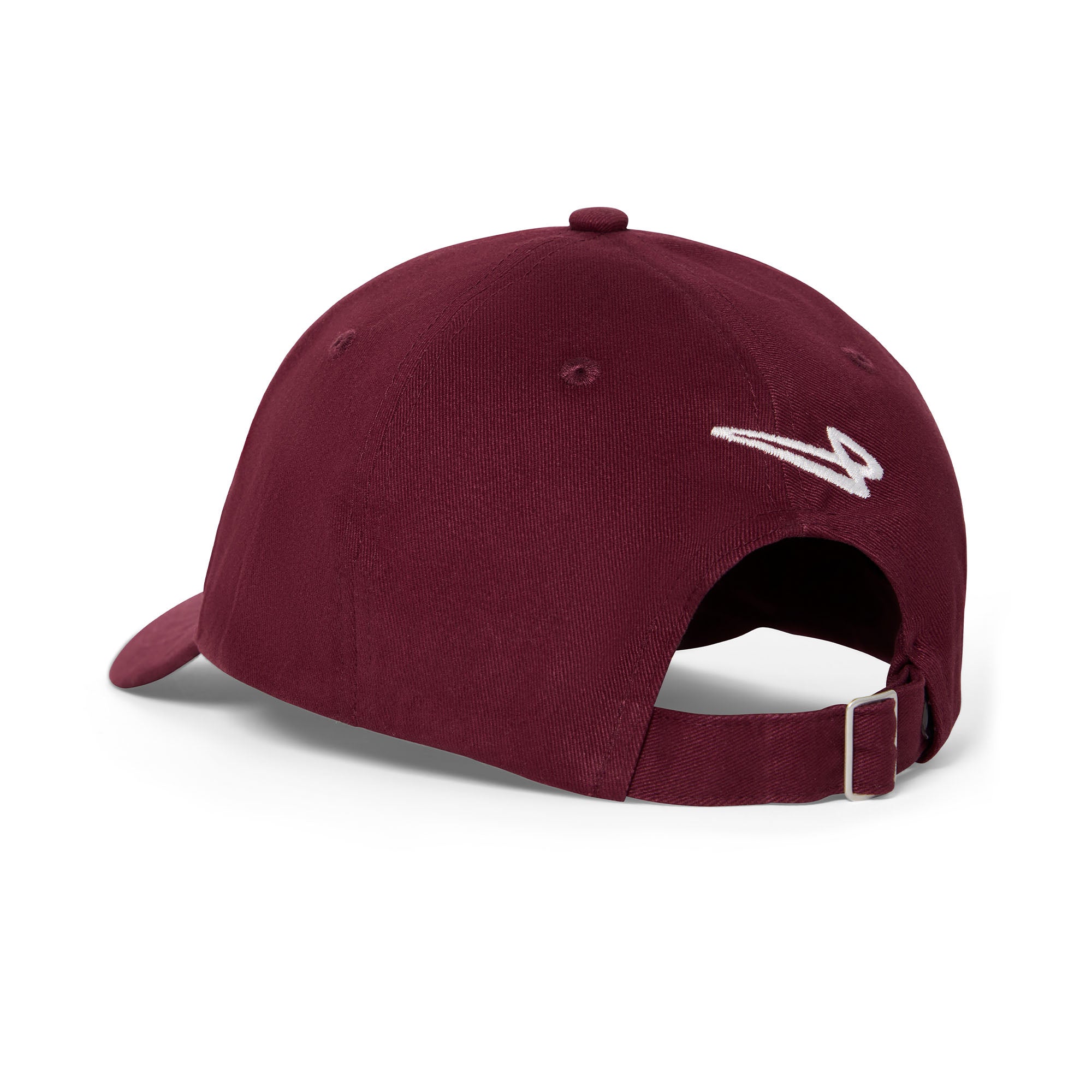 Back view of the Lanzera Club Cap in Burgundy with the embroidered Lanzera Flying Four logo above the adjustable strap.