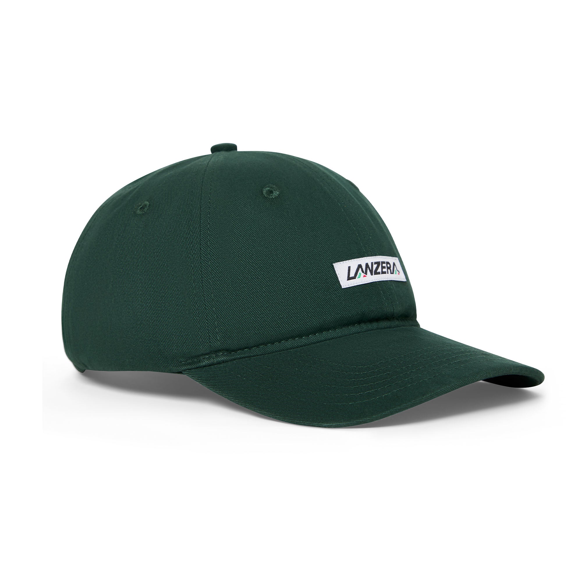 Angled view of the Lanzera Club Cap in Hunter Green showing the curved brim and stitched Lanzera club patch on the front.