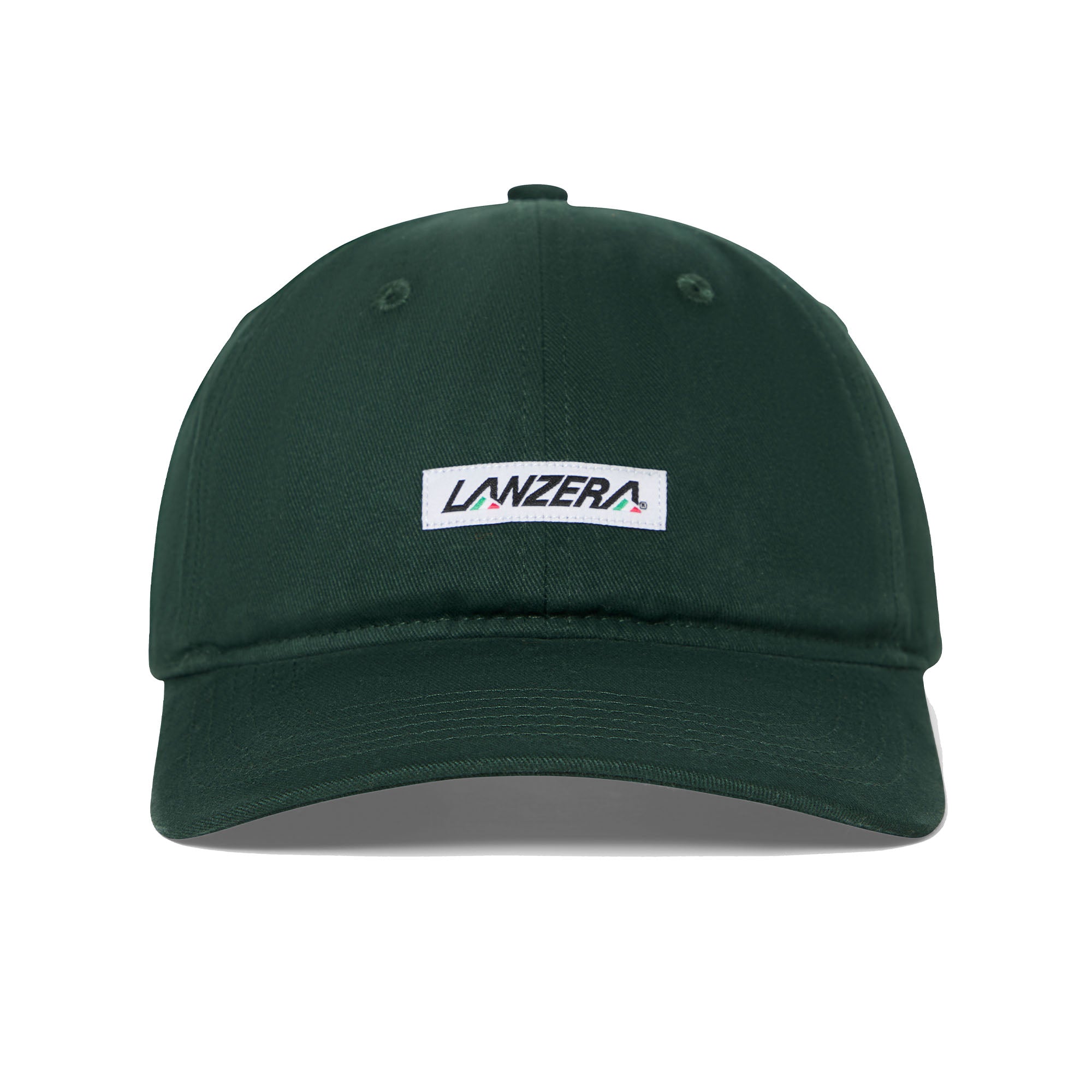 Front view of the Lanzera Club Cap in Hunter Green featuring the stitched Lanzera club patch across the front.