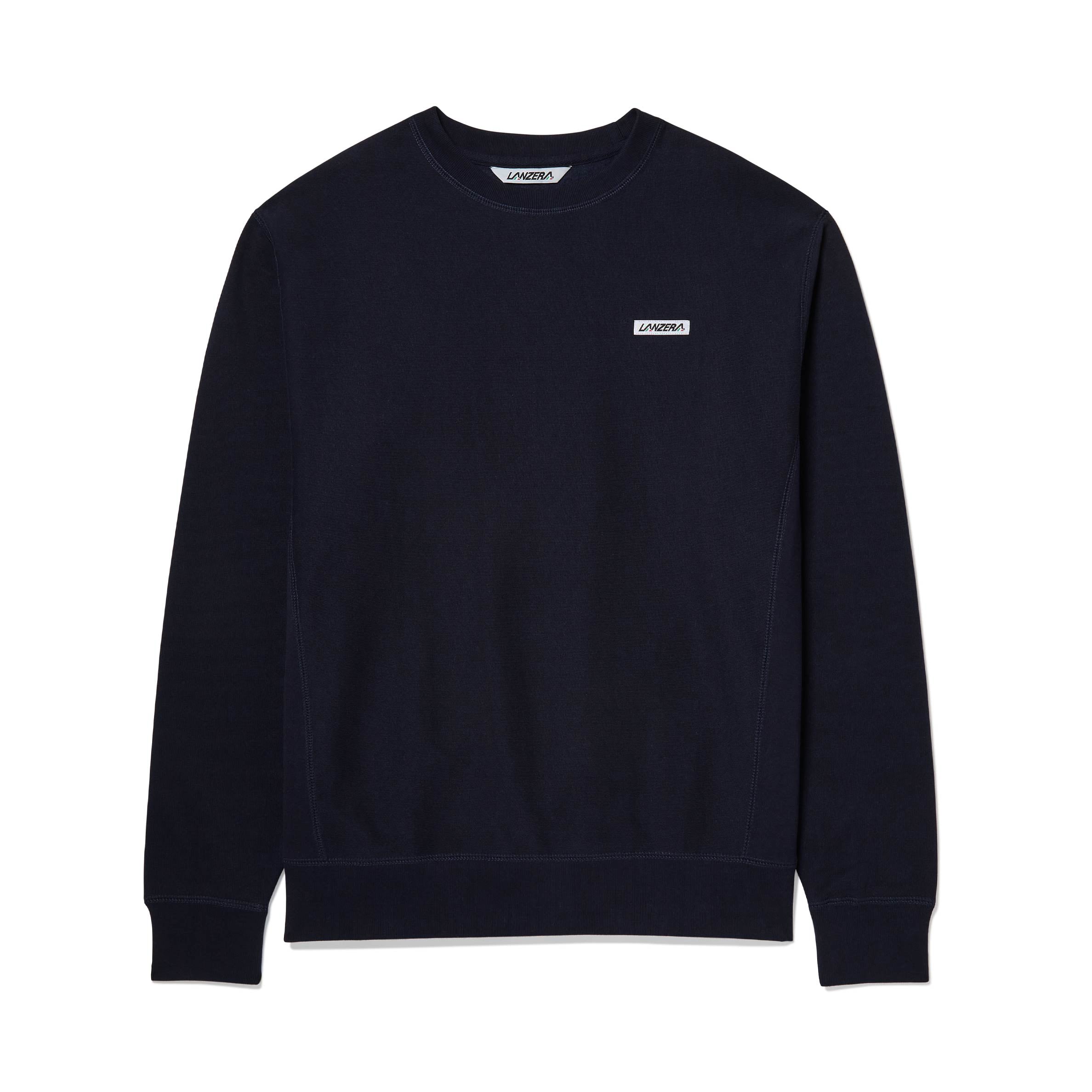 Front view of Lanzera Club Crewneck sweatshirt in Navy Clásico with chest logo patch.