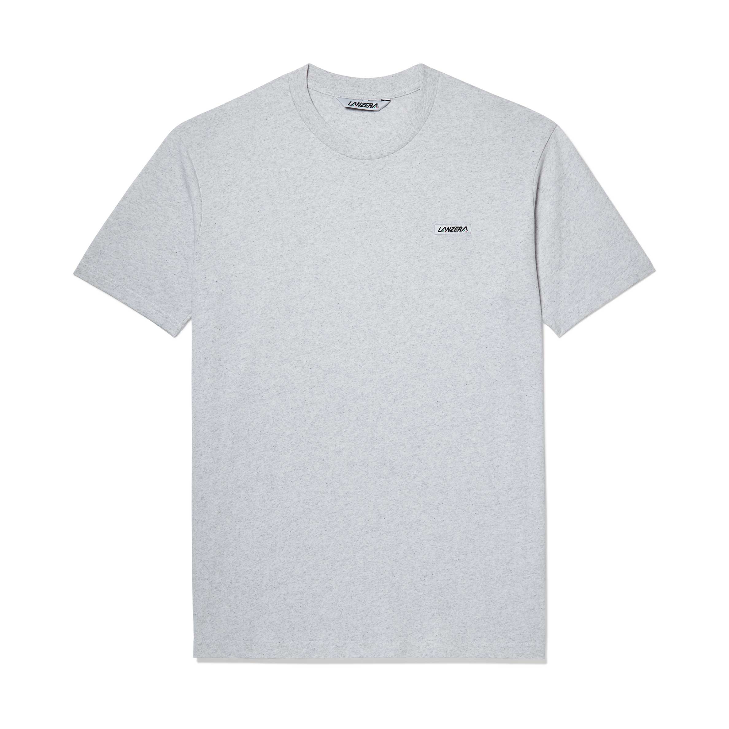 Front view of Lanzera Club Tee in Heather with chest logo patch on t-shirt.