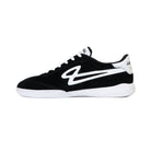 Inside view of Lanzera Jackal Black indoor soccer shoe with suede upper and white sole.