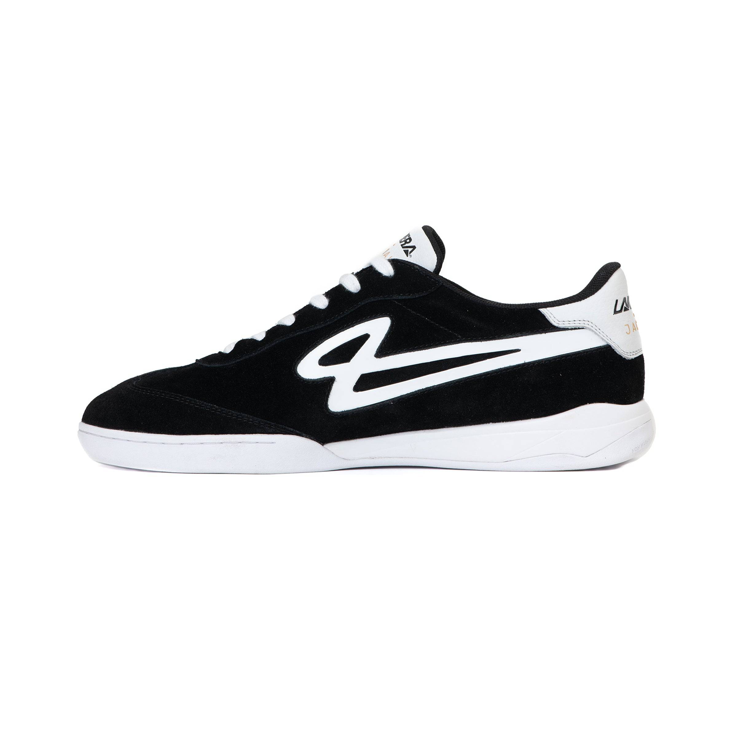 Inside view of Lanzera Jackal Black indoor soccer shoe with suede upper and white sole.
