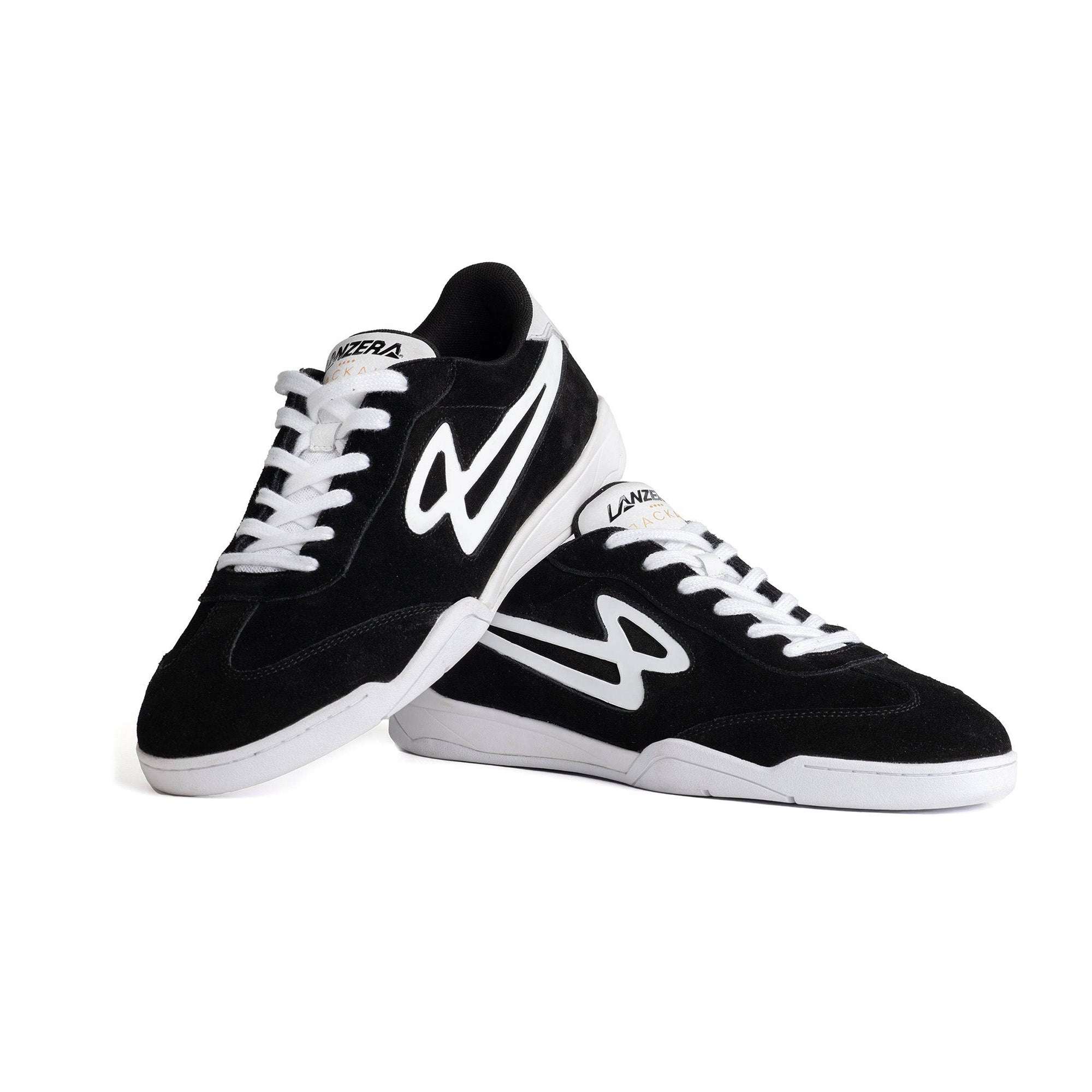 Pair of Lanzera Jackal black suede leather sneakers displayed together on a white background.