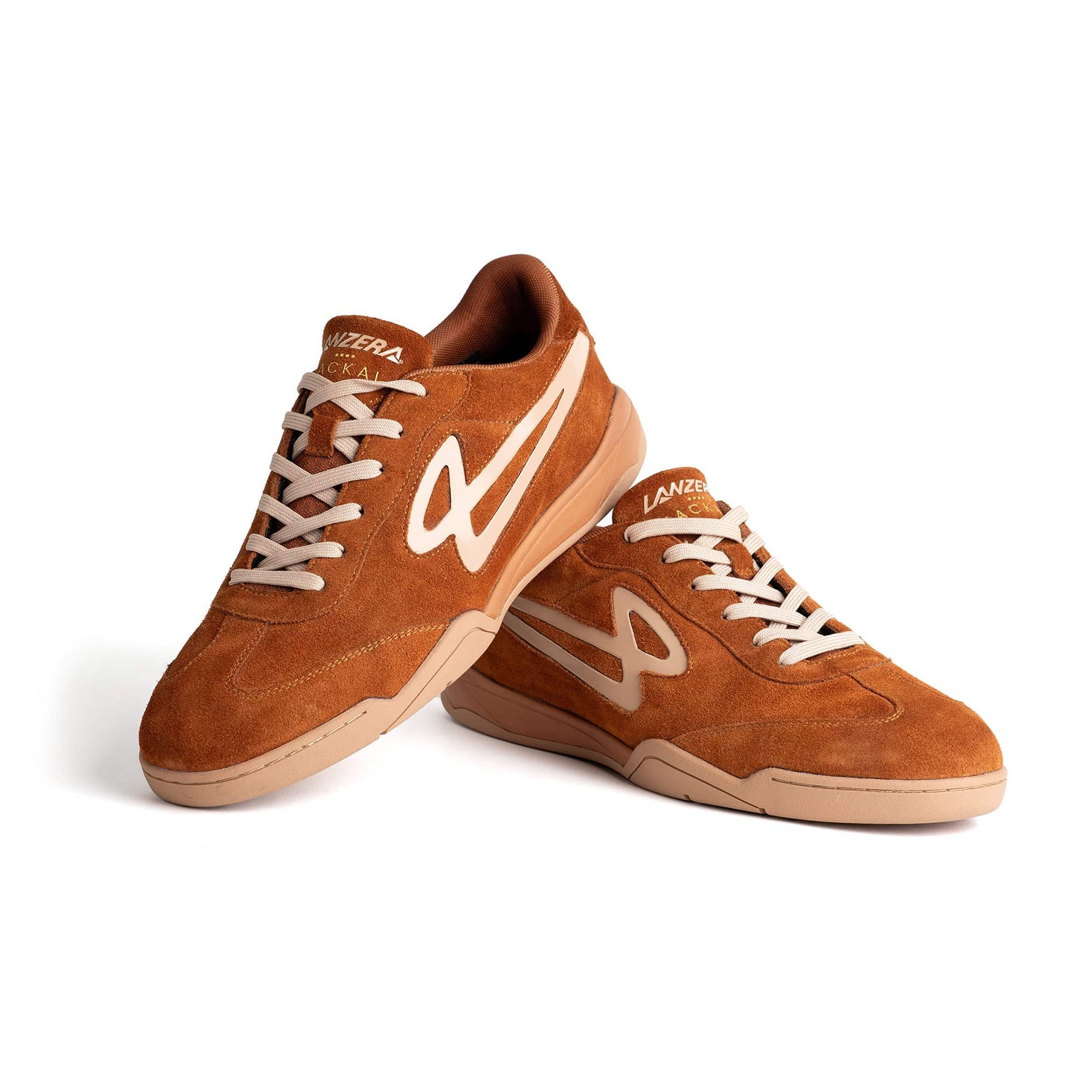 Pair of Lanzera Jackal Caramello suede leather sneakers displayed together, highlighting the warm brown tone, beige logo detailing, and gum sole.