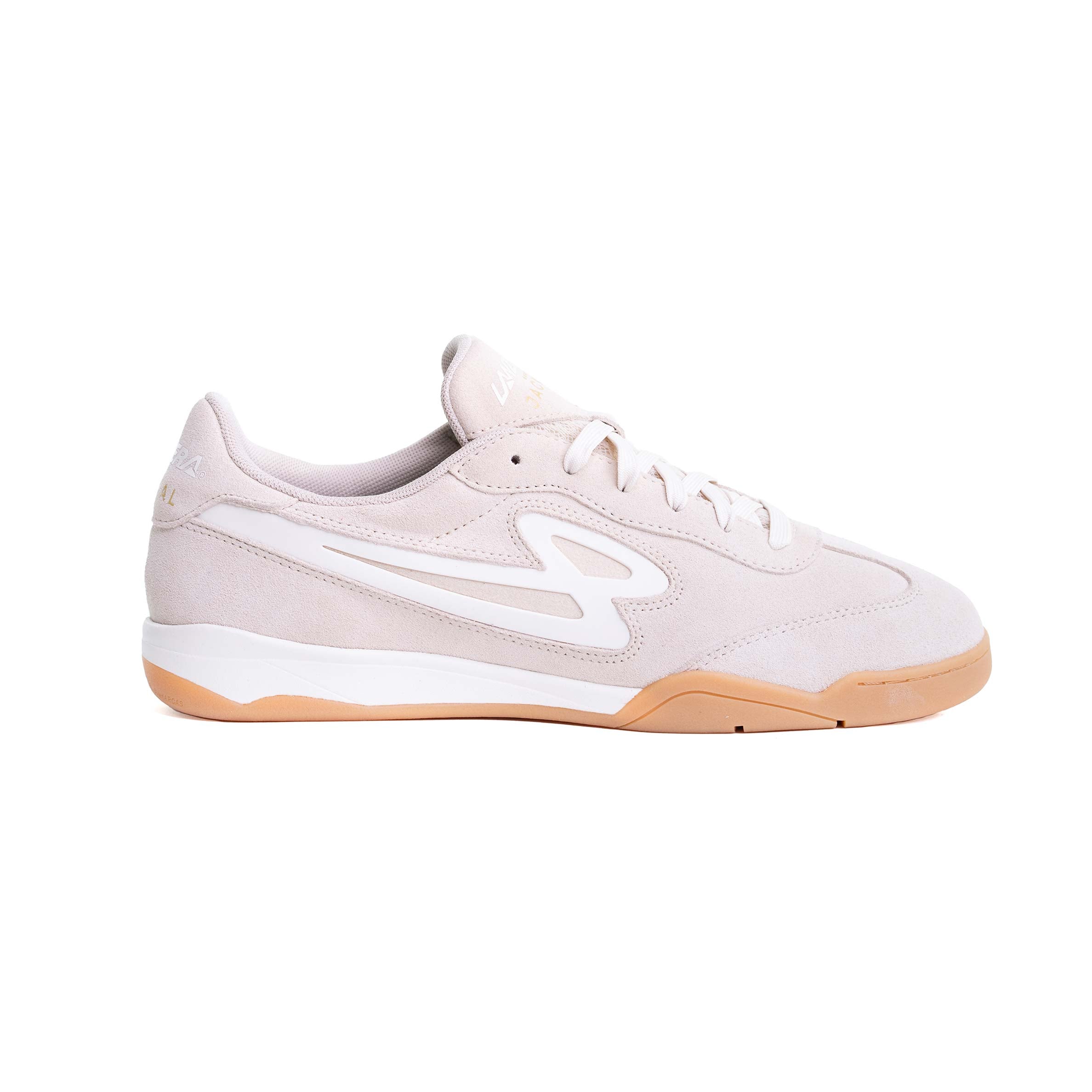 White sneaker with tan sole on a white background