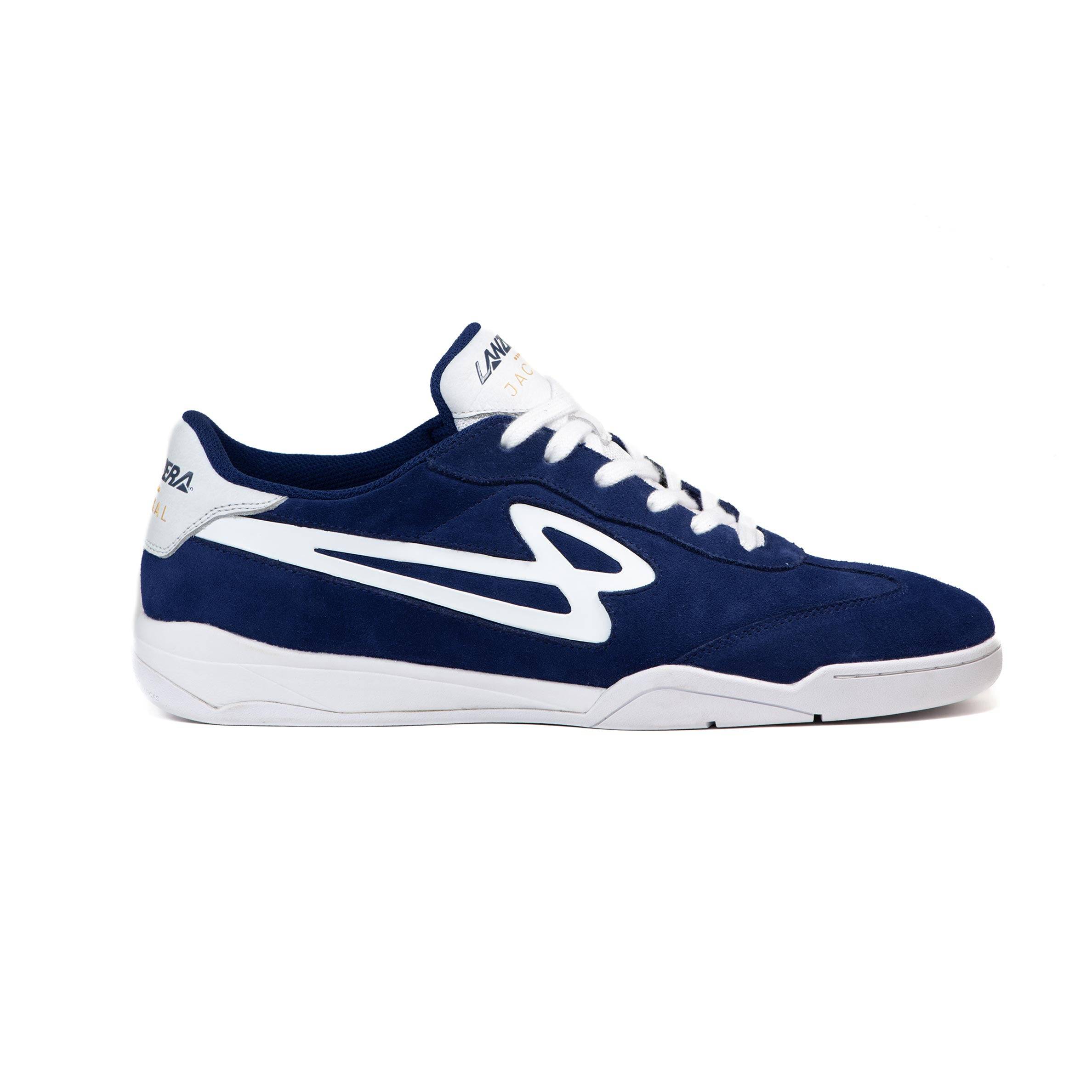 Lanzera Jackal indoor soccer shoe in Navy with suede upper and white sole.