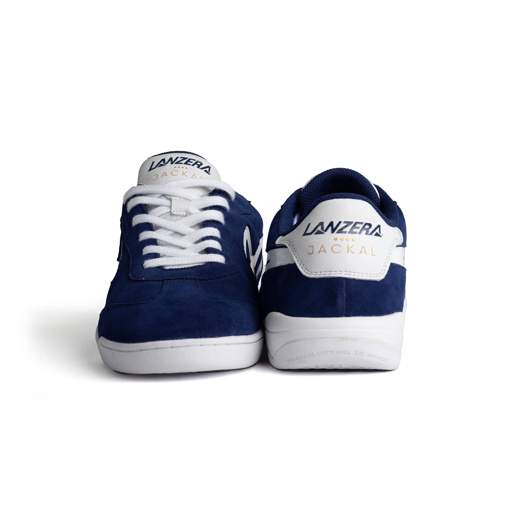 Front and back view of the Lanzera Jackal Navy sneakers, showing the Lanzera branding on the heel and tongue.