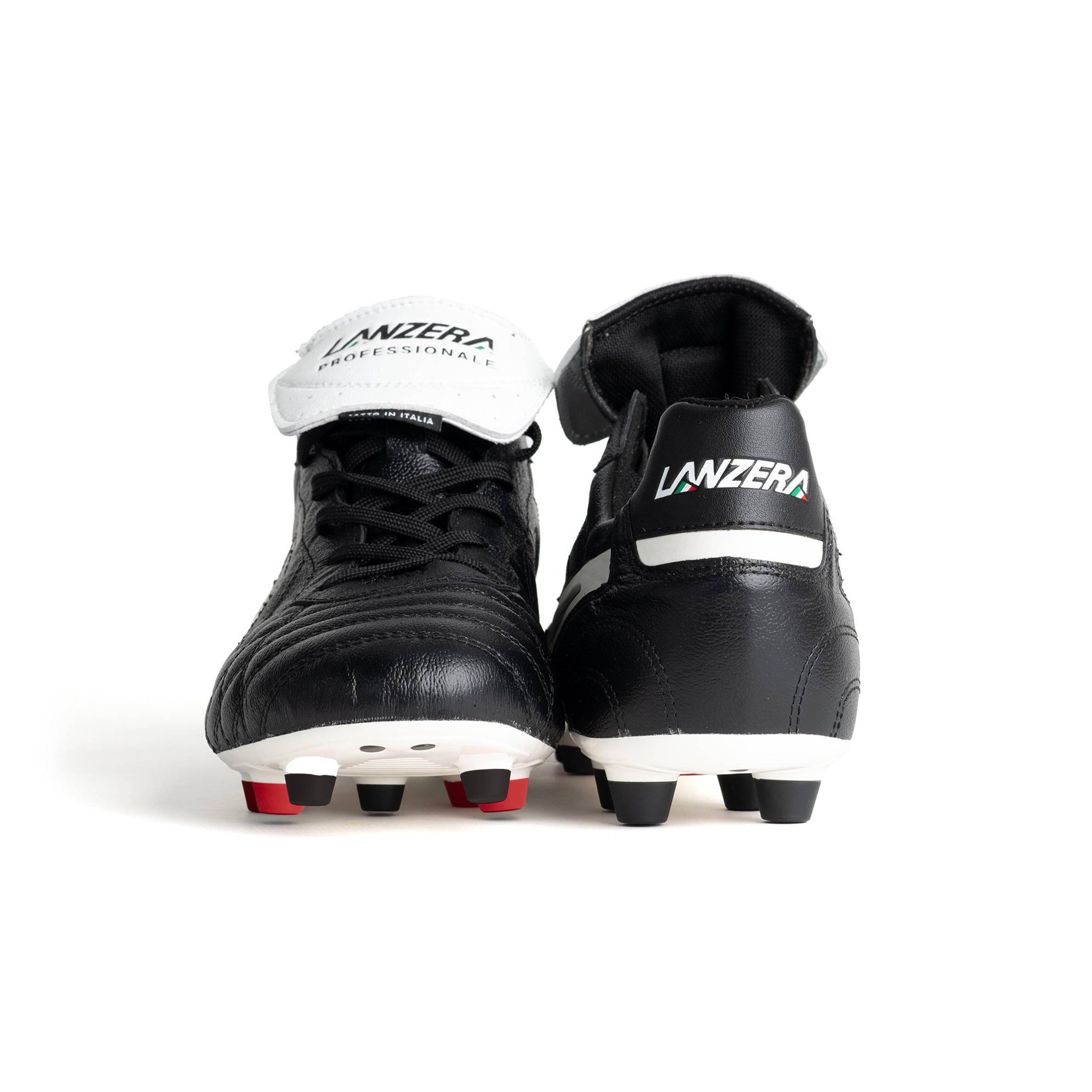 Front and back view of Lanzera Professionale soccer cleats with fold-over tongue and heel branding.