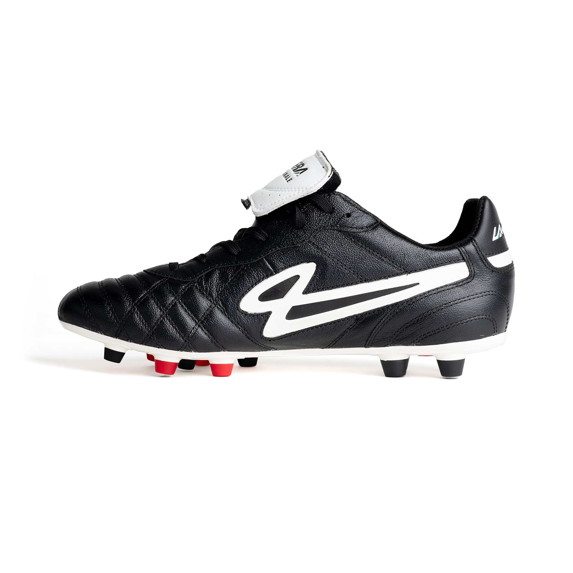 Inner side profile of the Lanzera Professionale cleat, crafted from soft Italian K-leather with a stitched vamp and fold-over tongue.