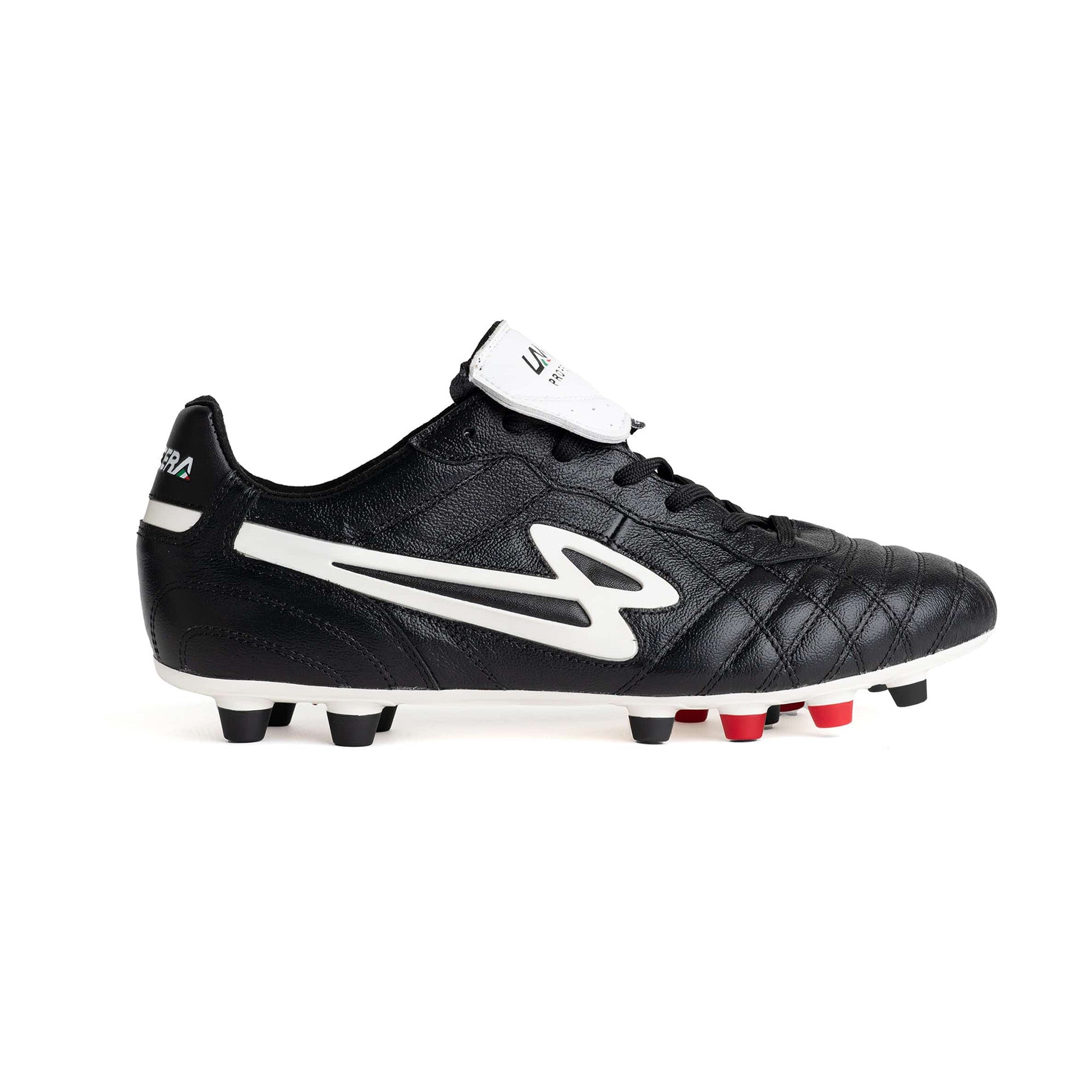 Lanzera Professionale K-leather firm ground cleat in black, viewed from the outer side with white logo detailing and conical studs.