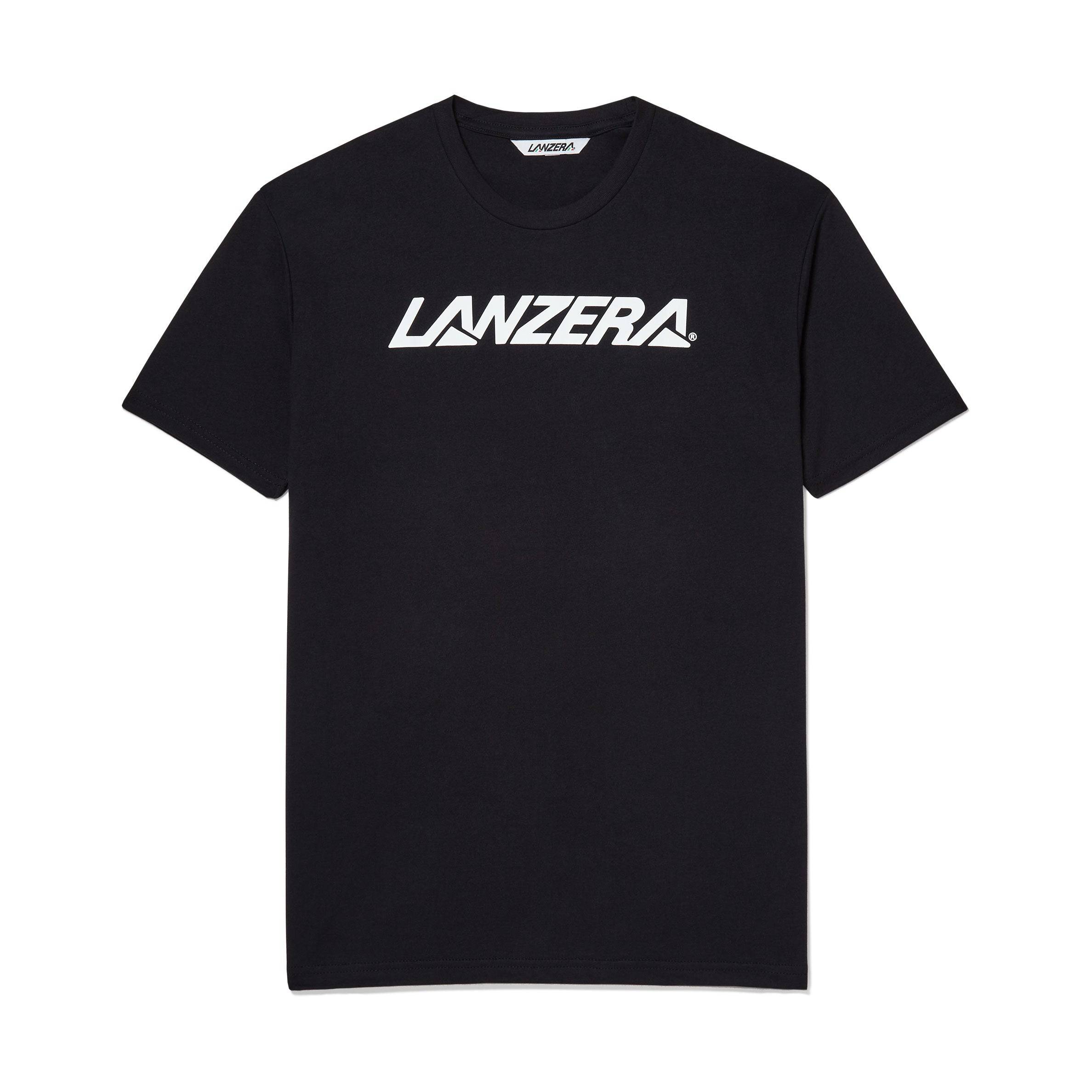 Front view of Lanzera Tee in black with white chest logo.