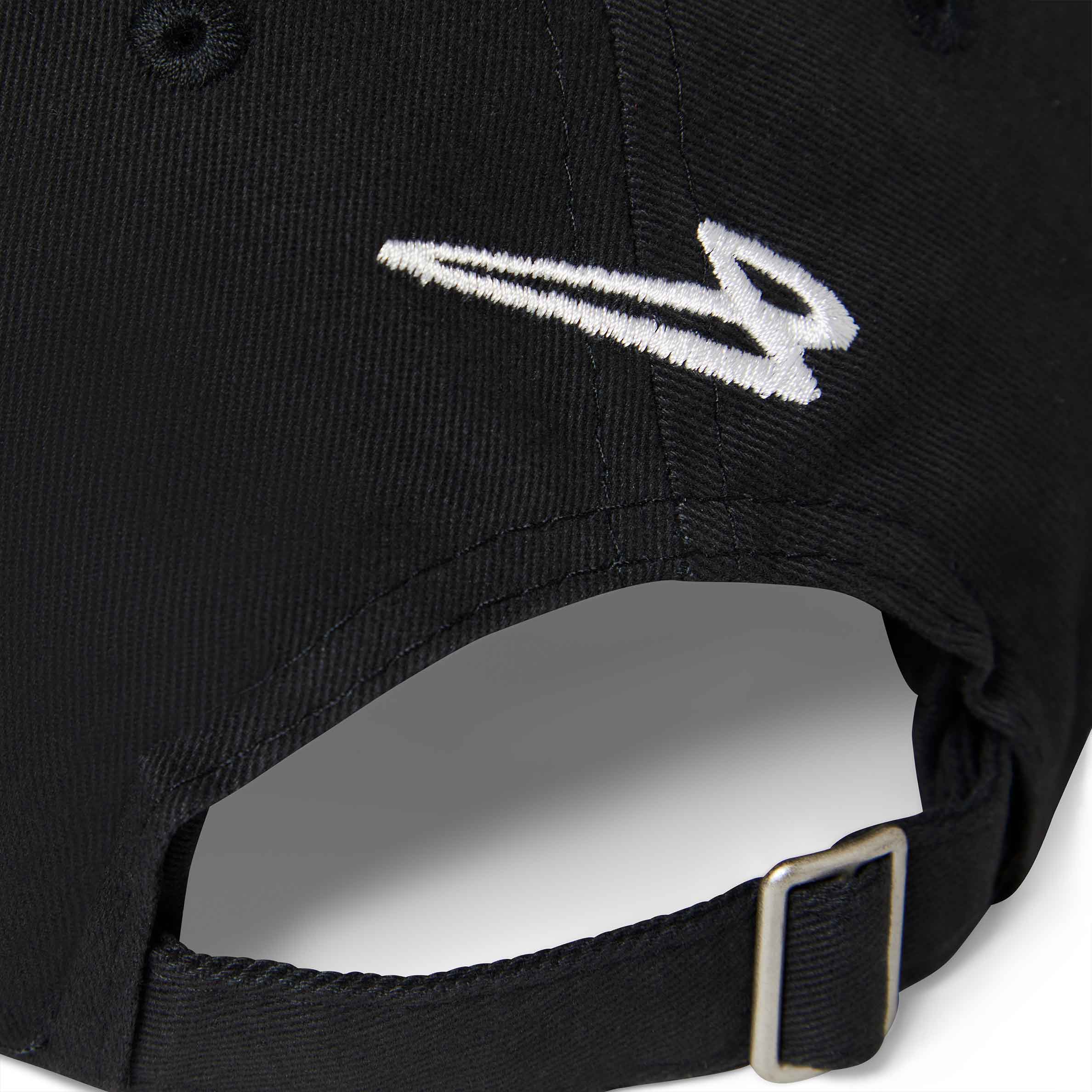 Black cap with a white lanzera flying four logo on the back against a white background