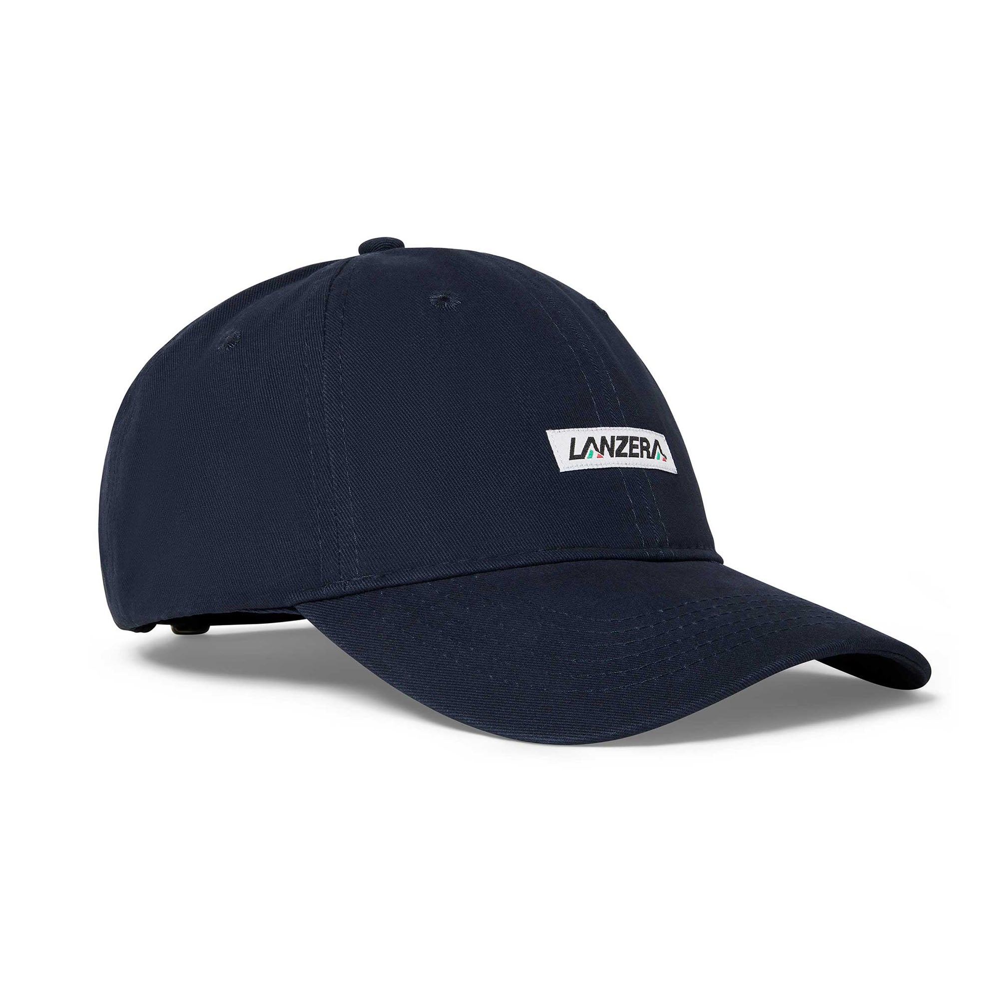 Angled view of the Lanzera Club Cap in Navy showing the curved brim and stitched Lanzera club patch on the front.
