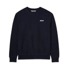 Front view of the Lanzera Club Crewneck in Navy Clásico, crafted from premium cotton blend for everyday comfort. Features a minimalist design with a small Lanzera logo patch on the left chest, combining modern football culture with classic aesthetics.