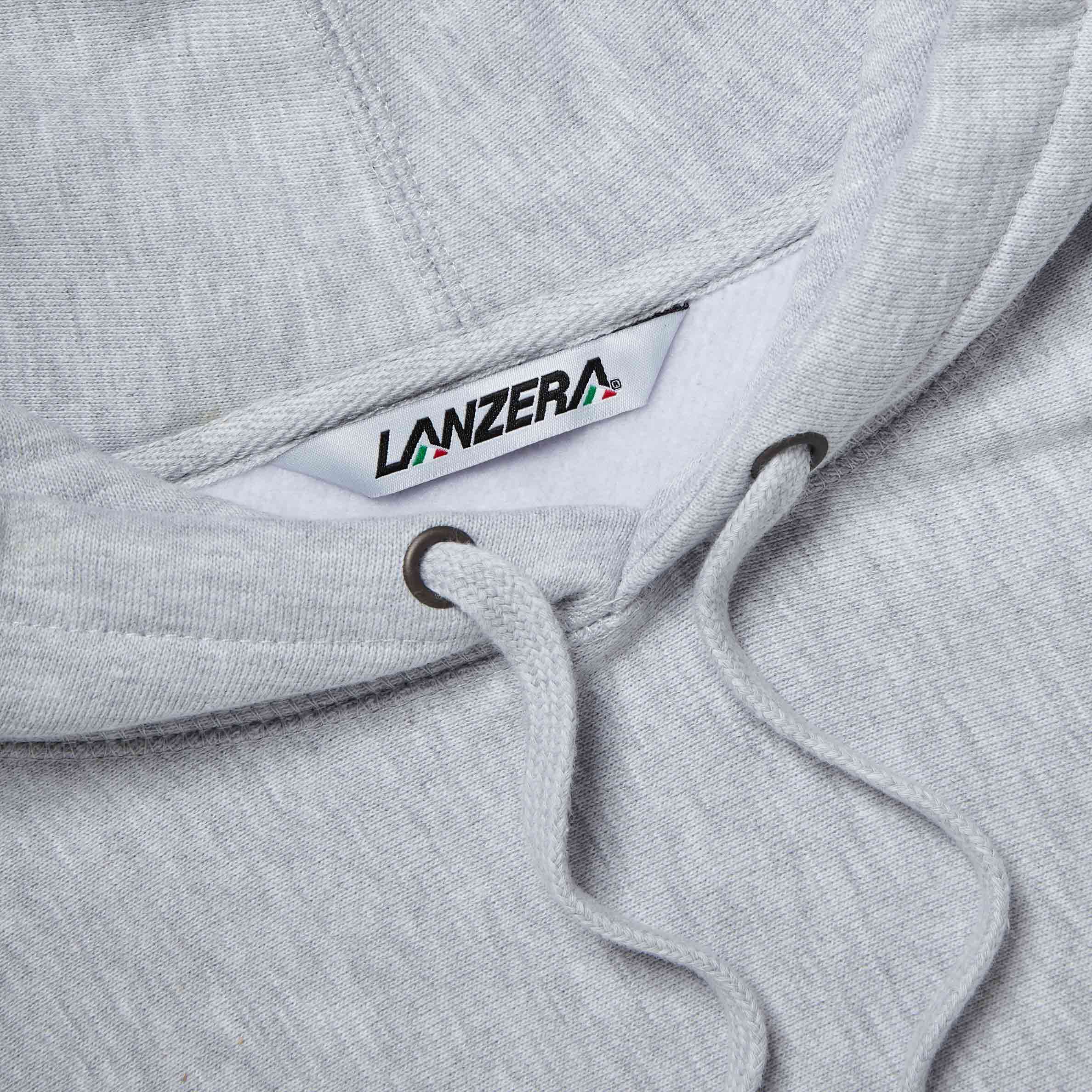 Close-up of the Lanzera Club Hoodie in Grey heather, featuring a structured cotton hood, durable drawstrings, and the Lanzera woven neck tag for a premium touch.