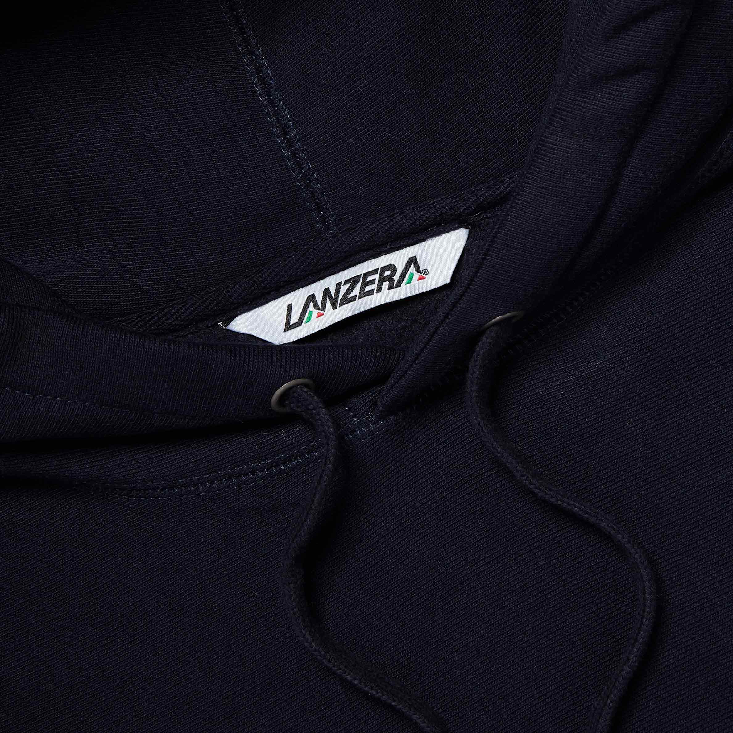 Close-up of the Lanzera Club Hoodie in Navy Clásico, featuring a premium cotton hood, thick drawstrings, and the Lanzera woven neck tag for a refined finish.