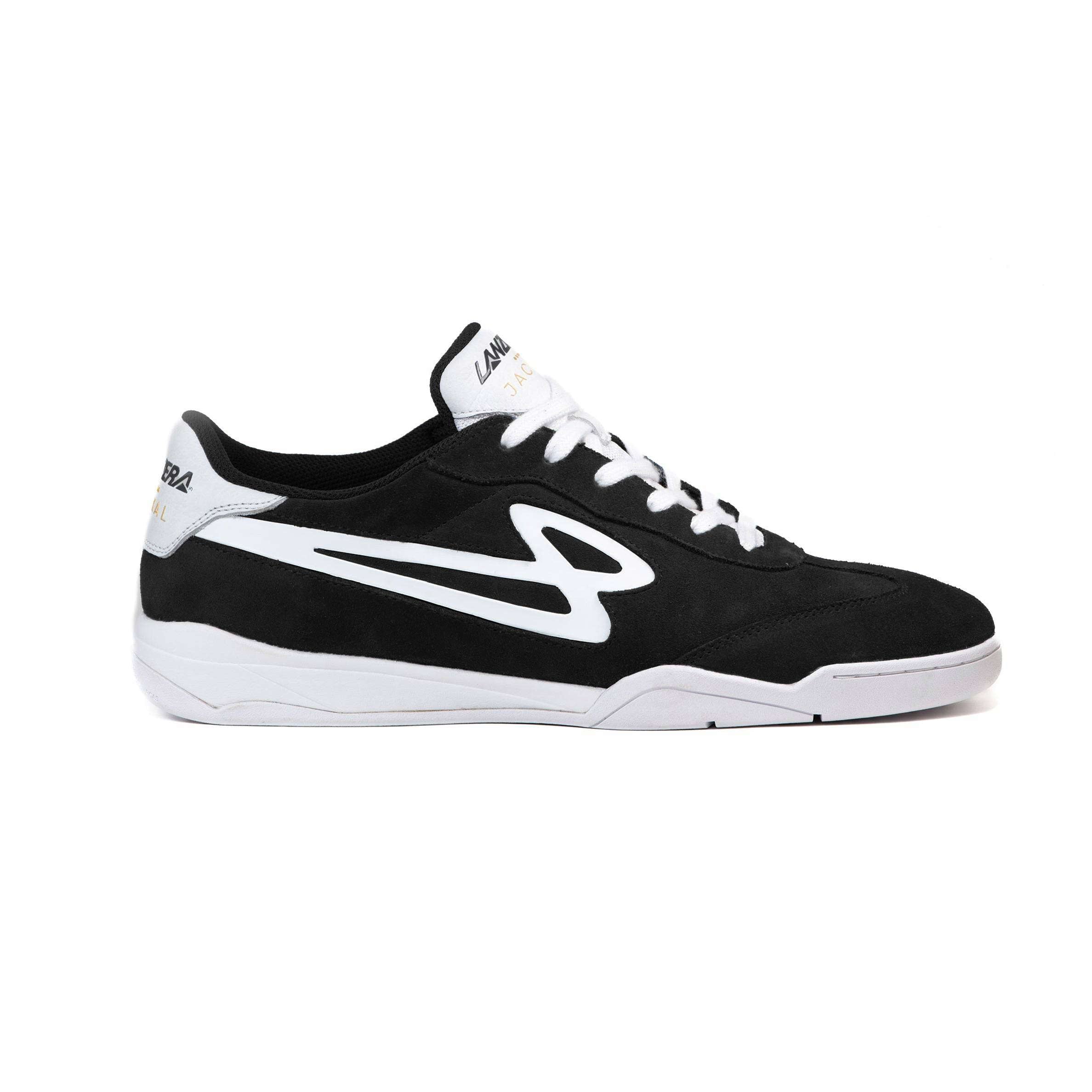 Lanzera Jackal indoor soccer shoe in Black with suede upper and white sole.