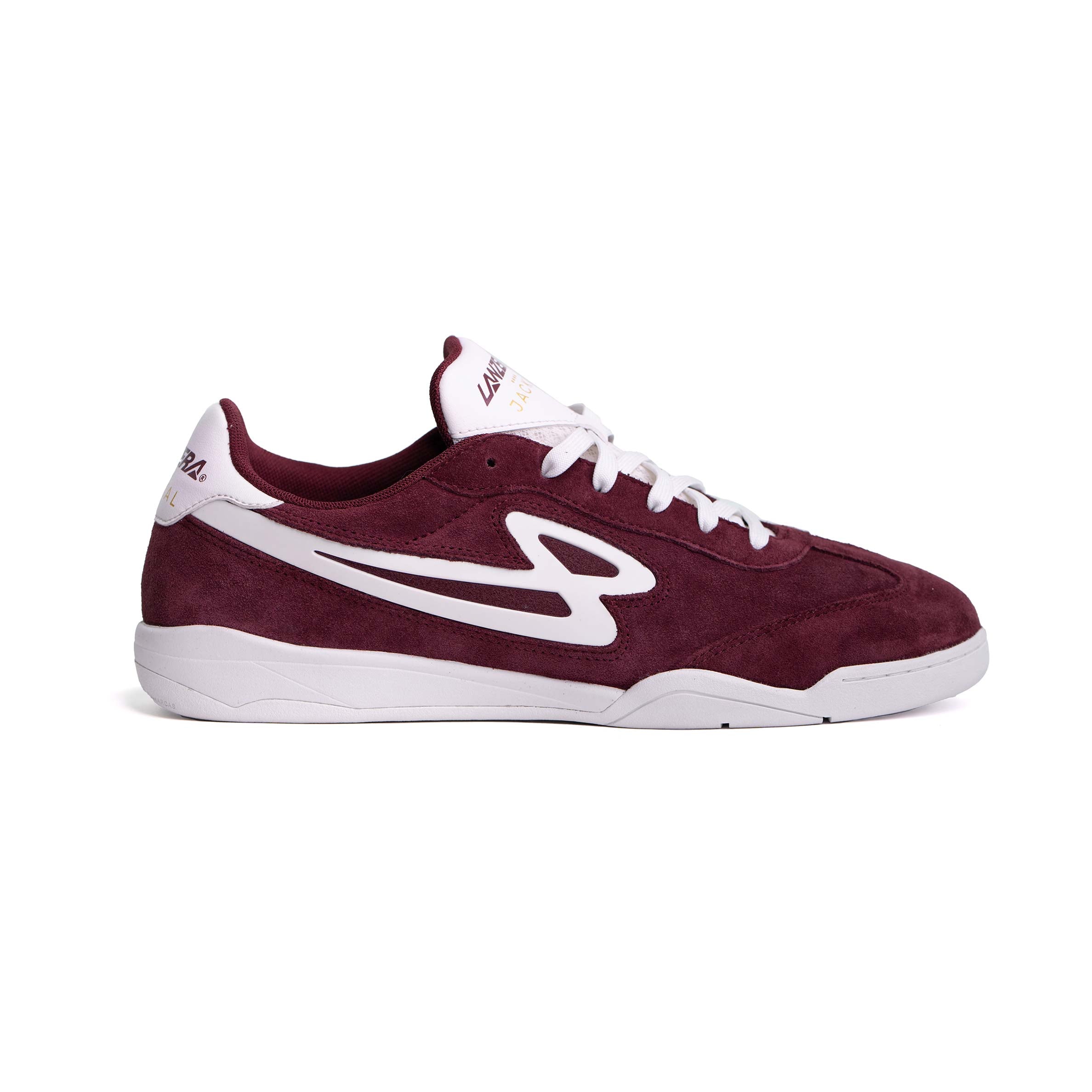 Lanzera Jackal indoor soccer shoe in Burgundy with suede upper and white sole.