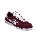 Angled view of the Lanzera Jackal Burgundy suede leather sneaker, featuring the bold white Lanzera logo and tonal suede upper.