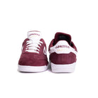 Front and back view of the Lanzera Jackal Burgundy suede leather sneakers, showing the deep red tone, white detailing, and gold heel branding.