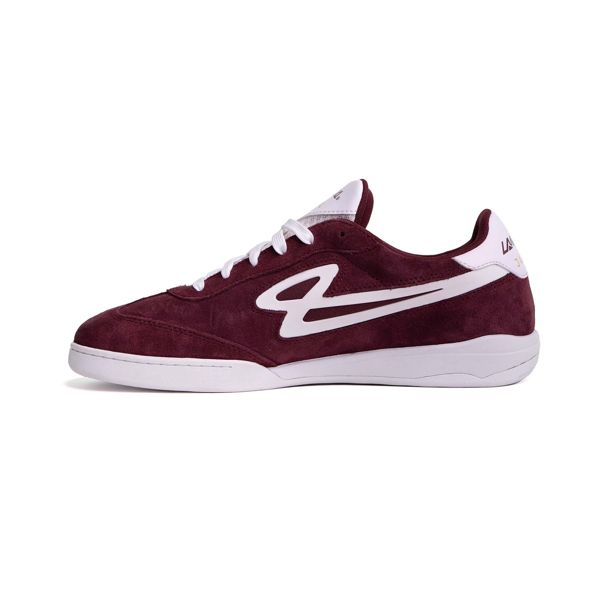Lanzera Jackal Burgundy suede leather sneaker shown from the inner side profile, emphasizing clean stitching and soft suede finish.