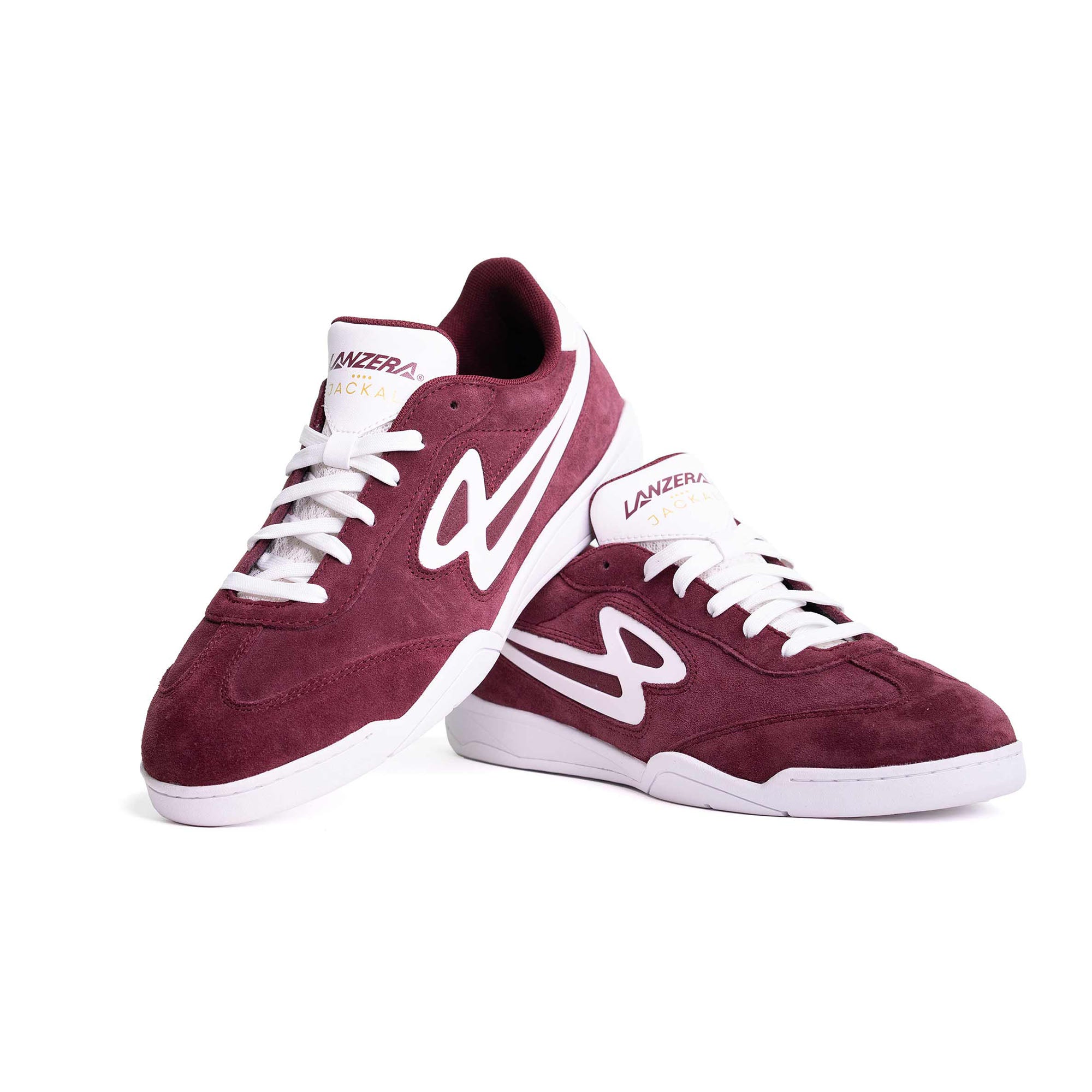 Pair of Lanzera Jackal Burgundy suede leather sneakers displayed together on a white background, highlighting the rich color and white logo contrast.