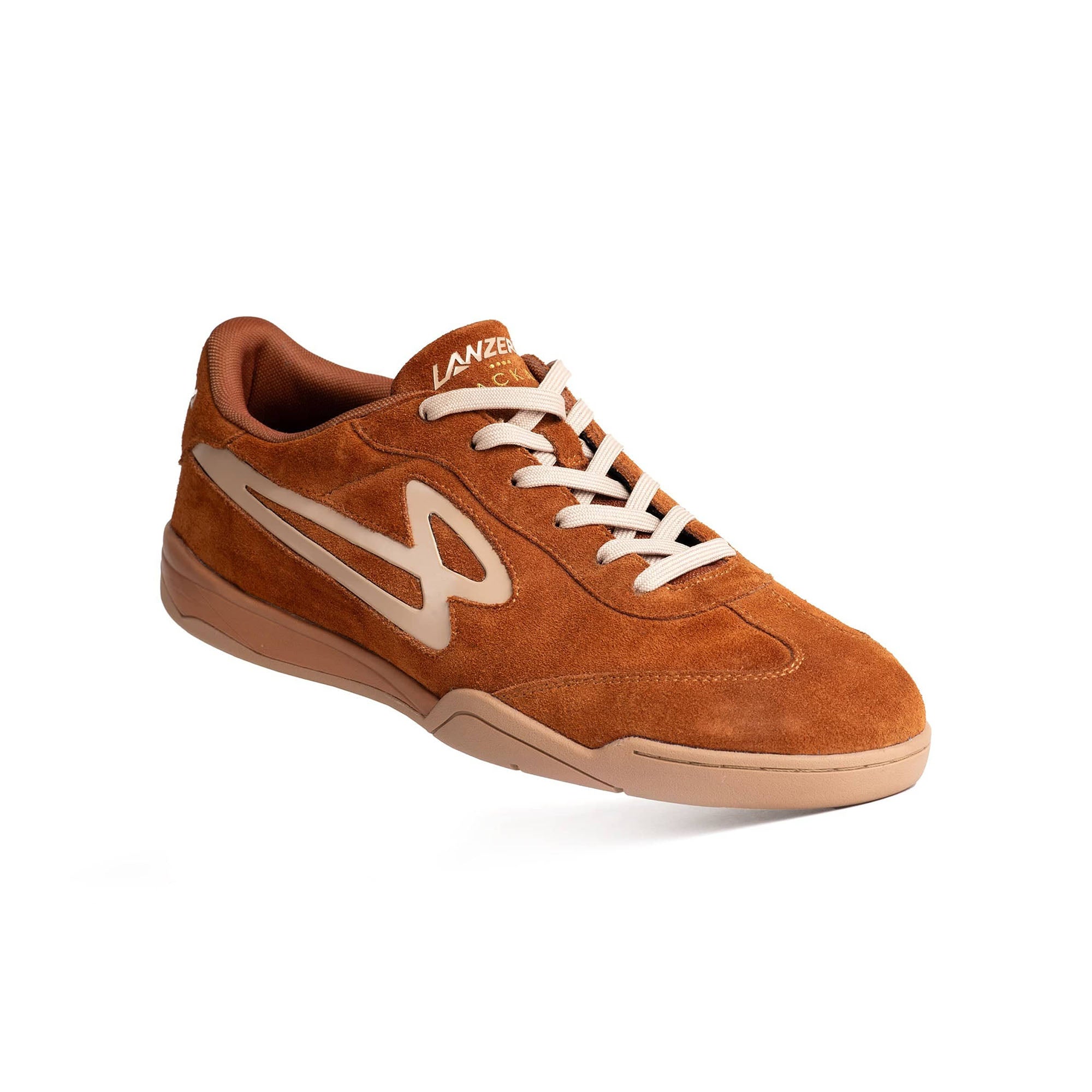 Angled view of the Lanzera Jackal Caramello brown suede leather sneaker, featuring the beige side logo and premium suede texture.