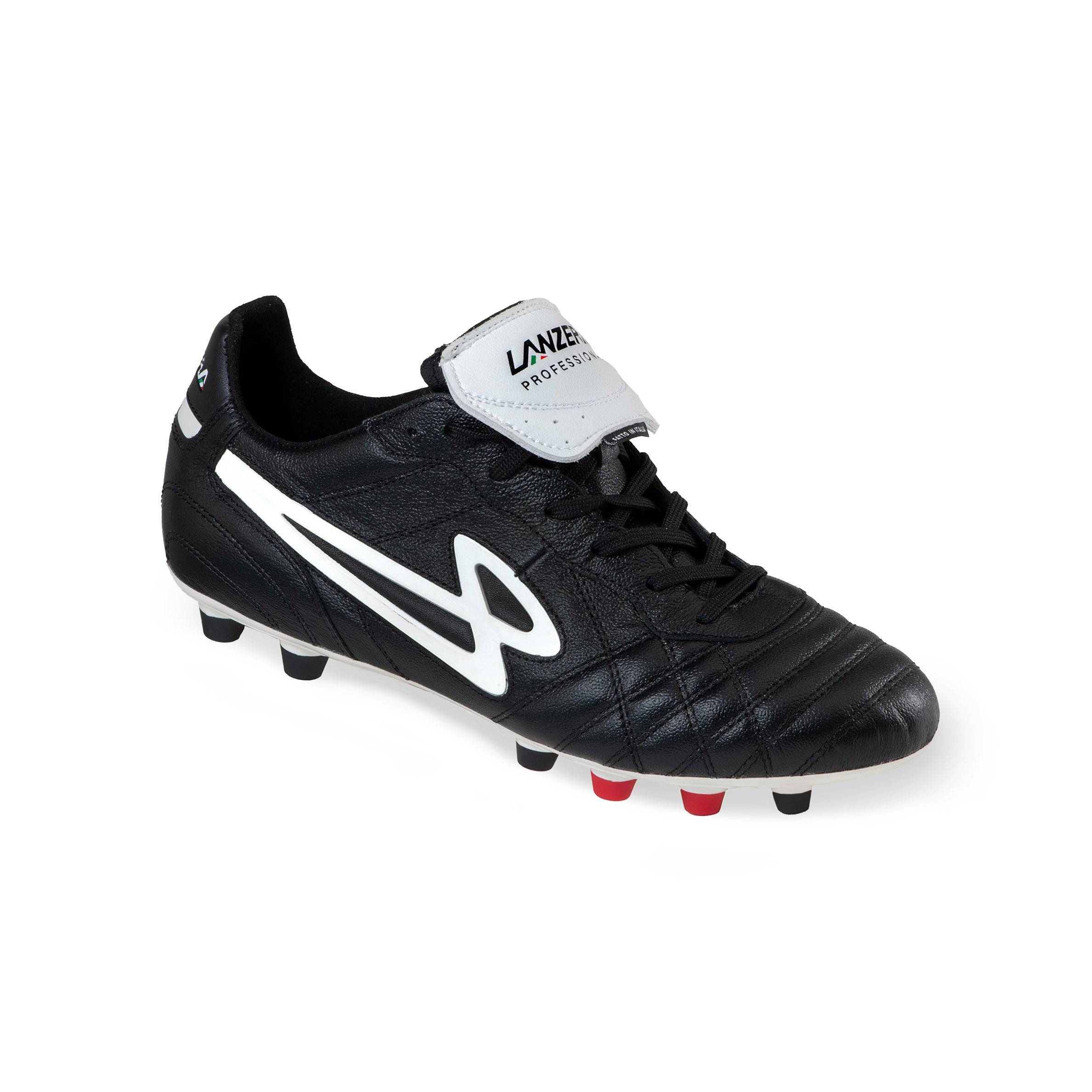 Lanzera Professionale firm ground soccer cleat in black - angled shot highlighting kangaroo leather upper, fold-over tongue, and multi-stud configuration for agility and grip.