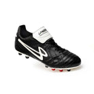 Angled view of Lanzera Professionale firm ground cleat in black with K-leather upper.