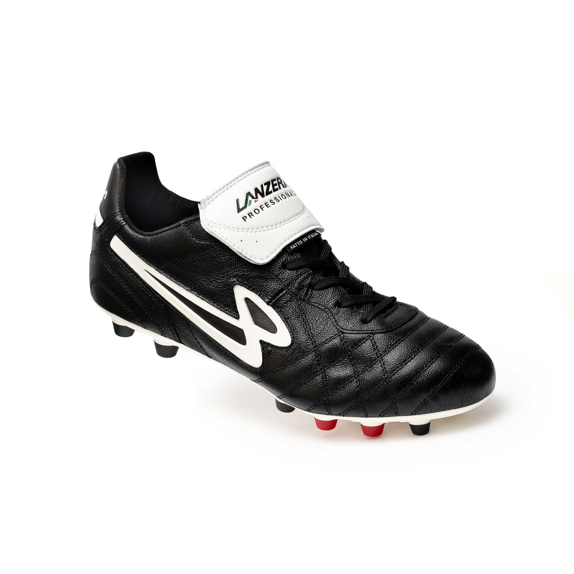 Angled view of Lanzera Professionale firm ground cleat in black with K-leather upper.
