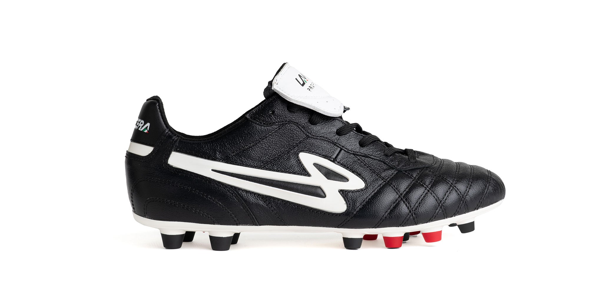 Lanzera Professionale black K-leather soccer cleat - interactive desktop image with hotspots highlighting premium kangaroo leather upper, quilted stitching, fold-over tongue, and firm ground stud configuration.