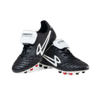 Lanzera Professionale soccer cleats stacked - dual outside views highlighting the bold white branding, signature kangaroo leather construction, fold-over tongue, and firm ground outsole for precision and control.