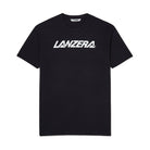 Front view of the Lanzera Tee in black, a premium cotton-polyester blend t-shirt featuring a bold white Lanzera logo across the chest. Designed for everyday comfort with a relaxed fit and breathable fabric.